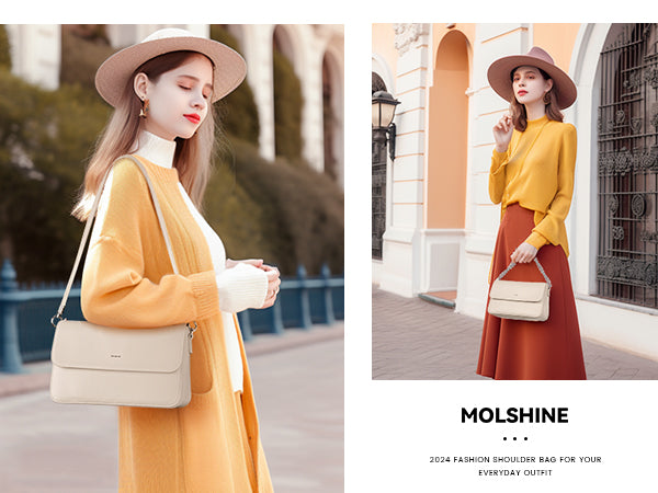 molshine Leather Flip-Over Handbag with Metal Chain Decorations, Stylish Shoulder Bag and Crossbody Bag for Women Girl Lady