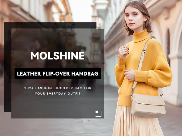 molshine Leather Flip-Over Handbag with Metal Chain Decorations, Stylish Shoulder Bag and Crossbody Bag for Women Girl Lady